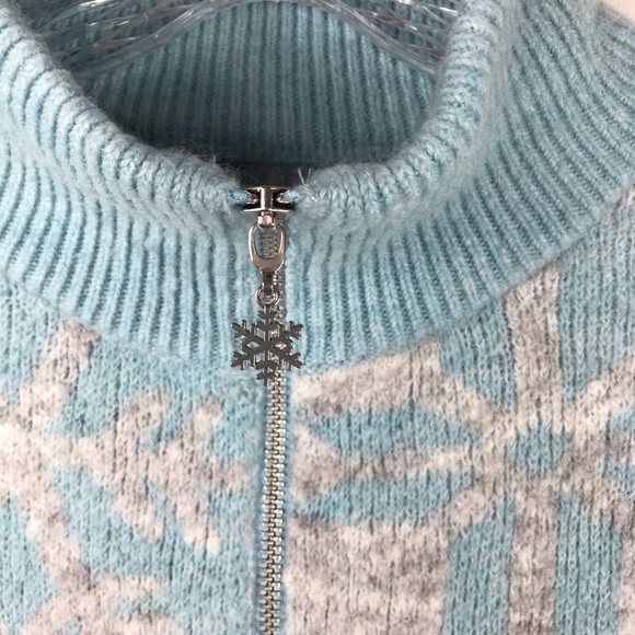LOFT Wool Blend Zip Collar Sweater Blue and Gray with Snowflakes Womens XL - Picture 3 of 6